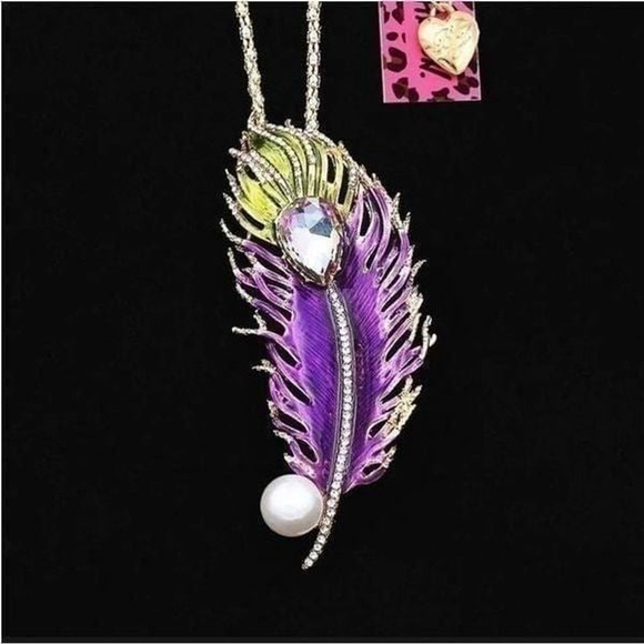 Betsey Johnson Jewelry - Betsey Johnson Purple and Green Feather Pendant Necklace with Pearl Accent